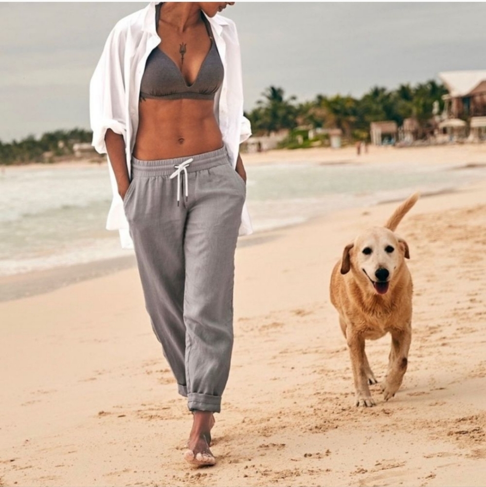 Athleta Bali Linen Pull On Drawstring Elastic Waist Mid Rise Cuffed Ankle Jogger